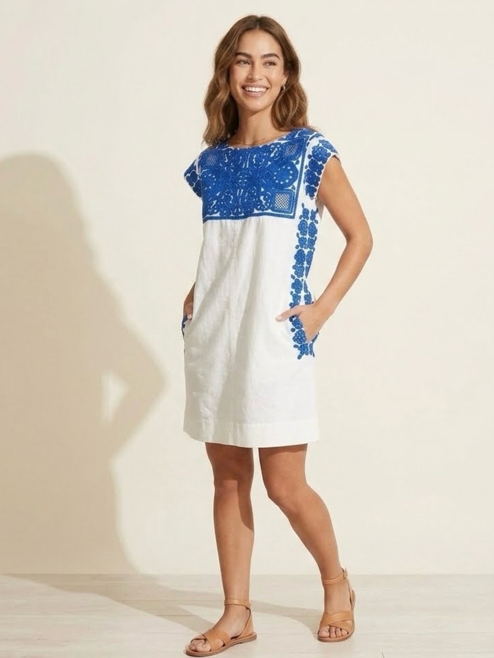 Madewell Embroidered Casita Shift Mini Short Dress, Blue/ White, Size XS